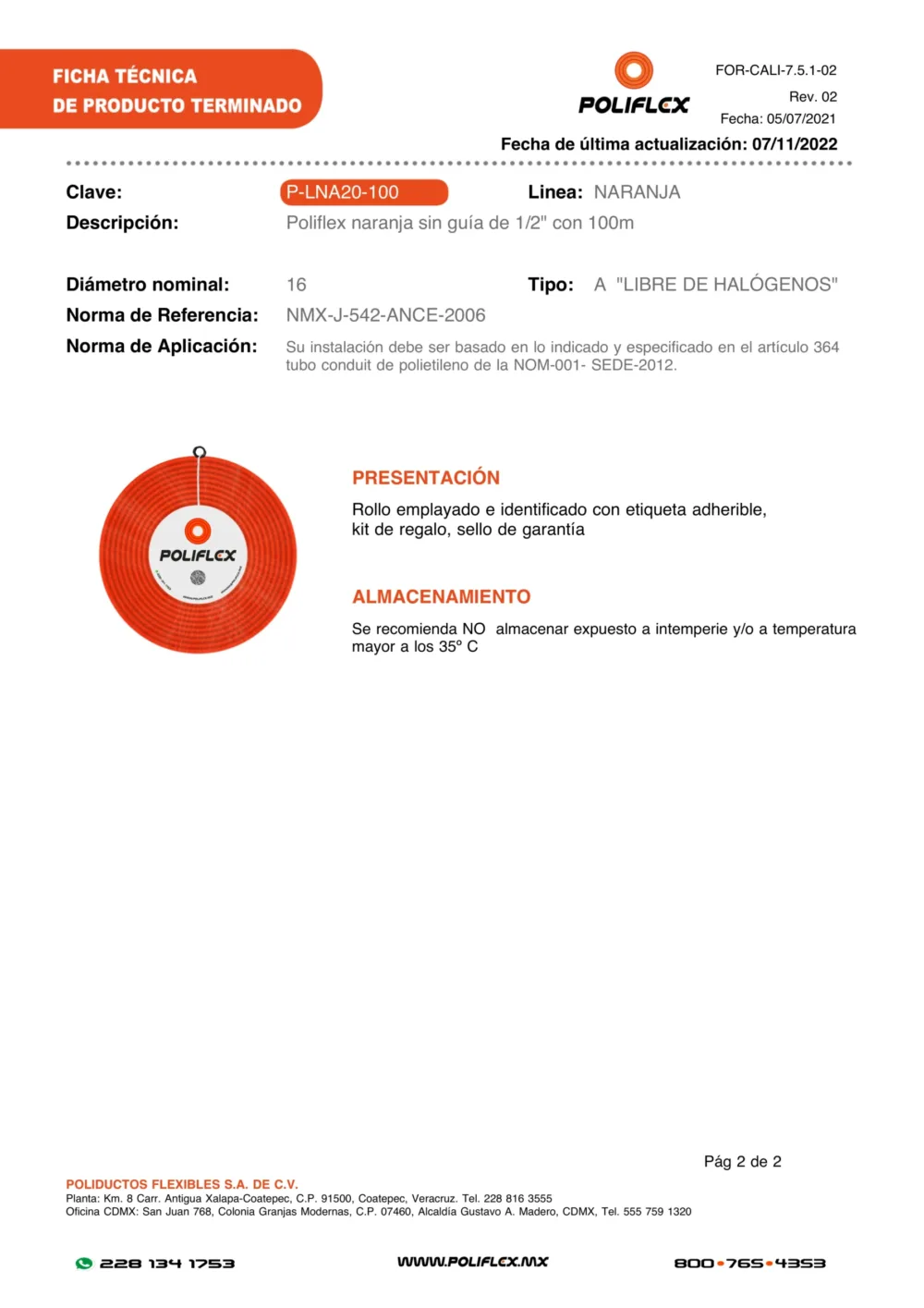 Poliflex naranja de 1/2" sin guía rollo de 100 metros