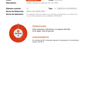 Poliflex naranja de 1/2" sin guía rollo de 100 metros