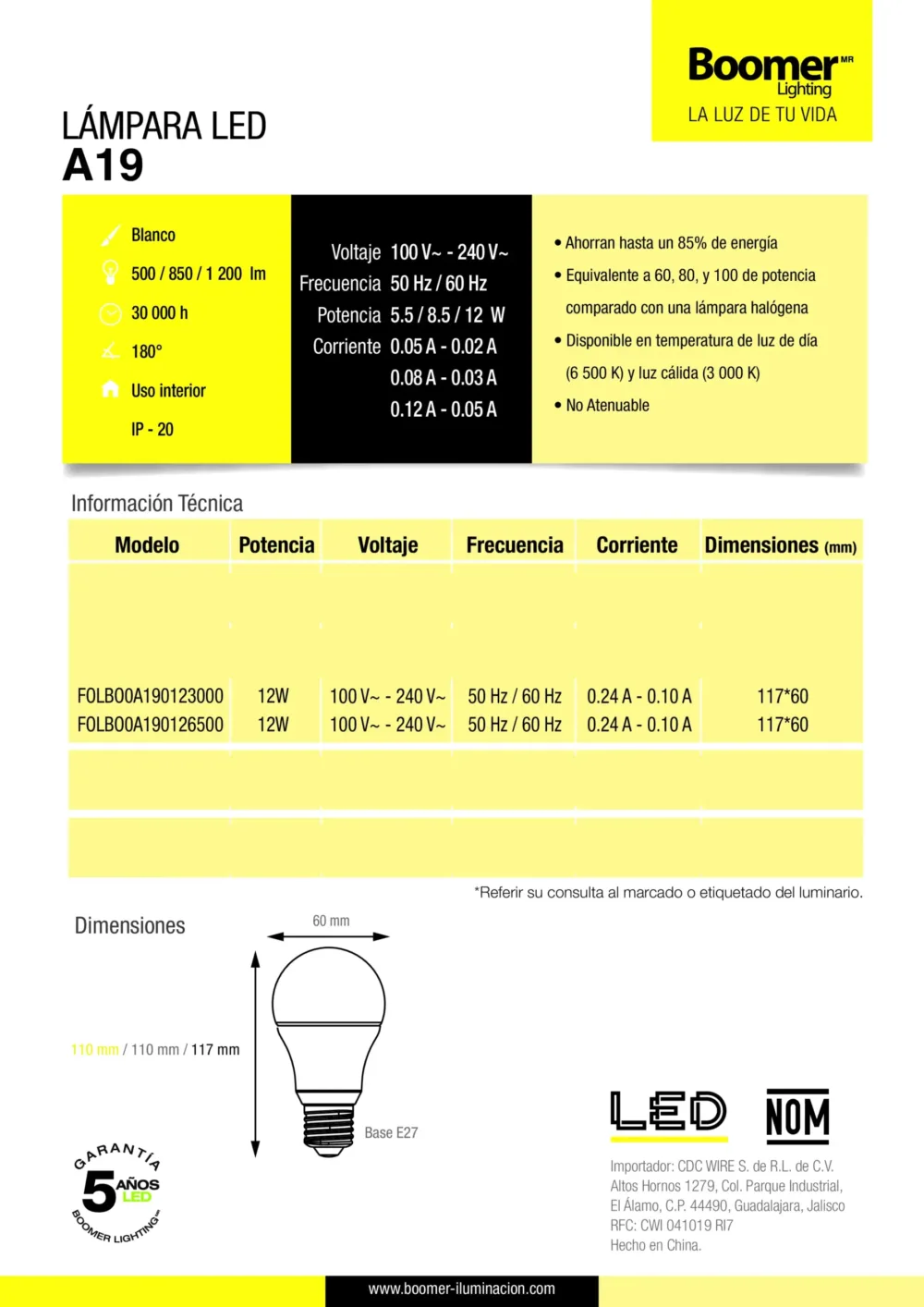 Foco LED 12 W 3000 K A19 Boomer