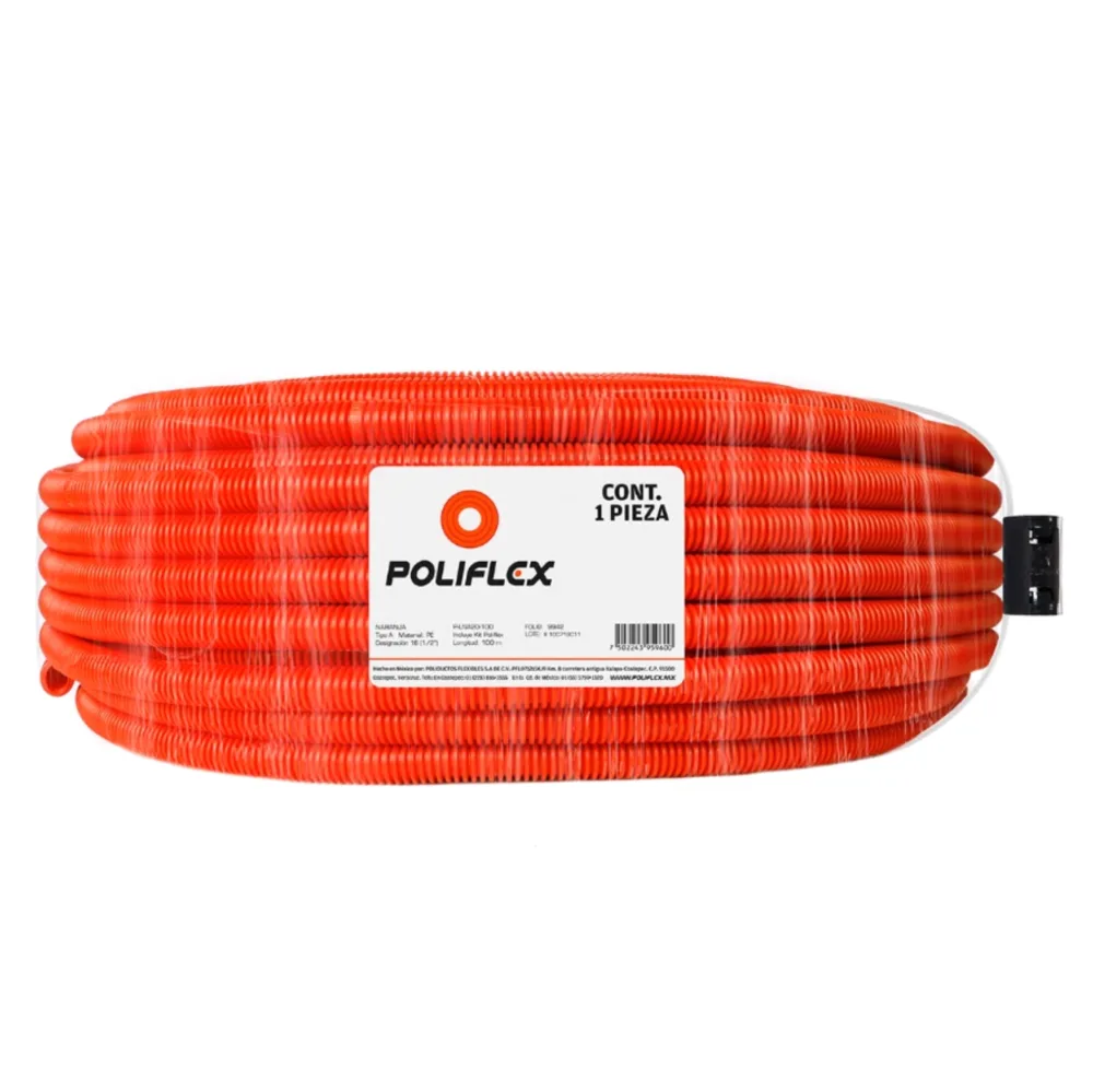 Poliflex naranja de 1/2" sin guía rollo de 100 metros