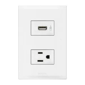 Placa con tomacorriente y cargador USB 127 V Forza 2 FZ2231USBB Bticino