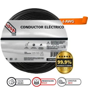 Cable eléctrico THHW-LS calibre 6 AWG negro caja 100 m IUSA 201001