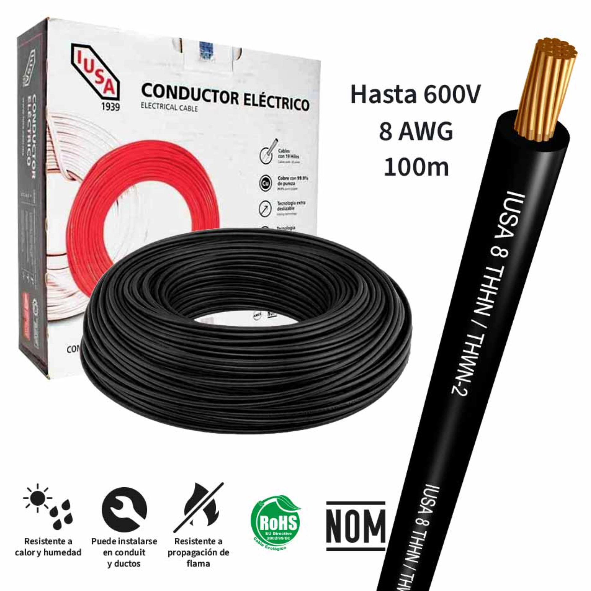 Cable eléctrico THHW-LS calibre 8 AWG negro rollo 100 m – IUSA 399350 ferreteria onofre Cable eléctrico THHW-LS calibre 8 AWG negro rollo 100 m – IUSA 399350