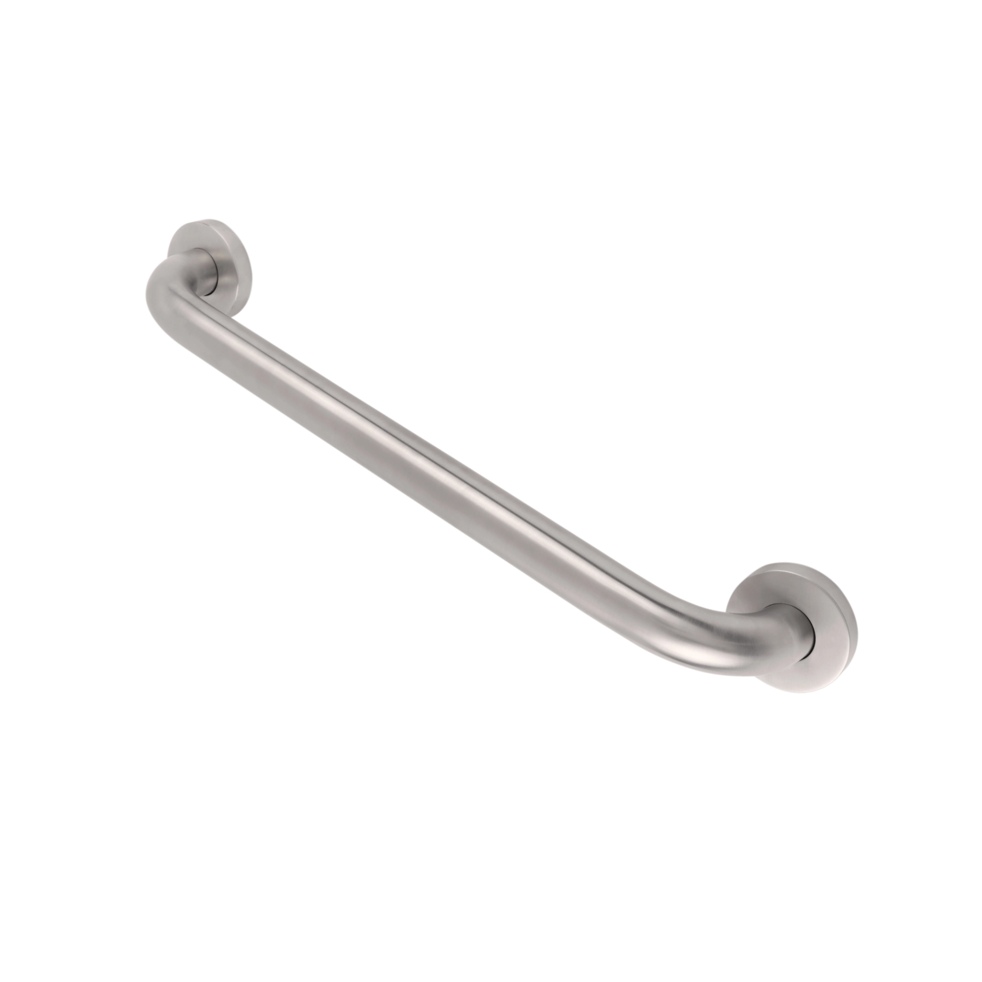 Stainless steel wall-mounted curved grab bar with circular end mounts for bathroom support