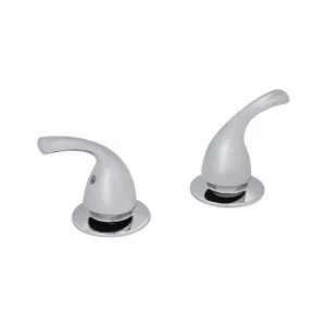 Two chrome door lever handles with round backplates on a white background, shown as a pair.