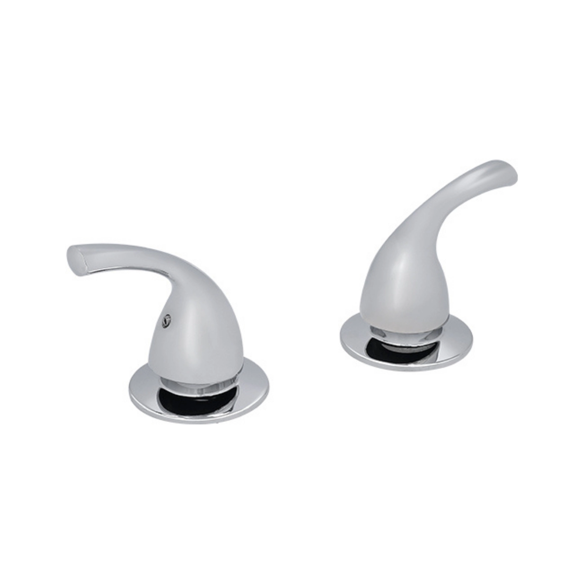 Two chrome door lever handles with round backplates on a white background, shown as a pair.