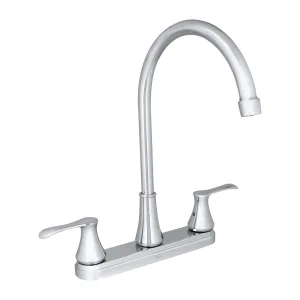 Llave mezcladora para fregadero 8 pulgadas dos manerales cuello alto tipo ganso acabado cromo Dica 4333 ahorradora de agua certificada NMX