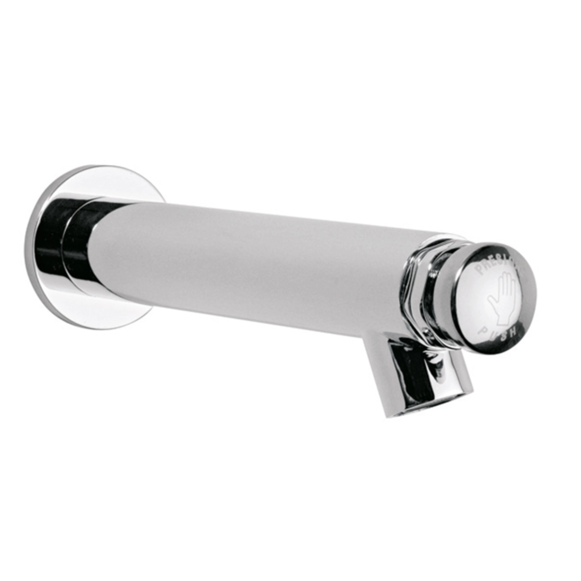 Llave temporizadora para lavabo a pared acabado cromo Helvex TV-121 con botón antibacterial y cierre automático