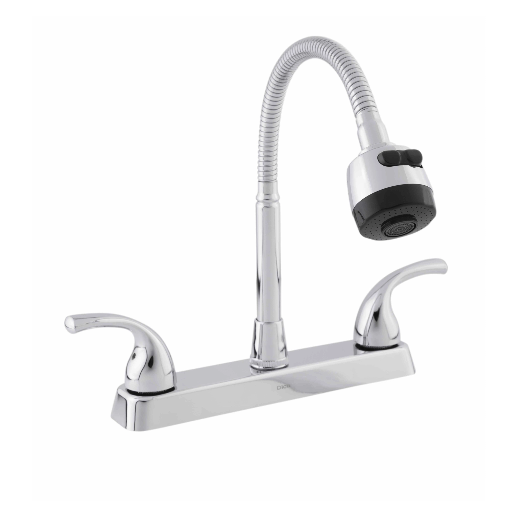 Mezcladora para fregadero 8 pulgadas con cuello flexible 1:2 pulgada – 4336TS Dica - Ferretería Onofre Mezcladora para fregadero Dica 4336TS con cuello flexible y acabado cromo de 8 pulgadas