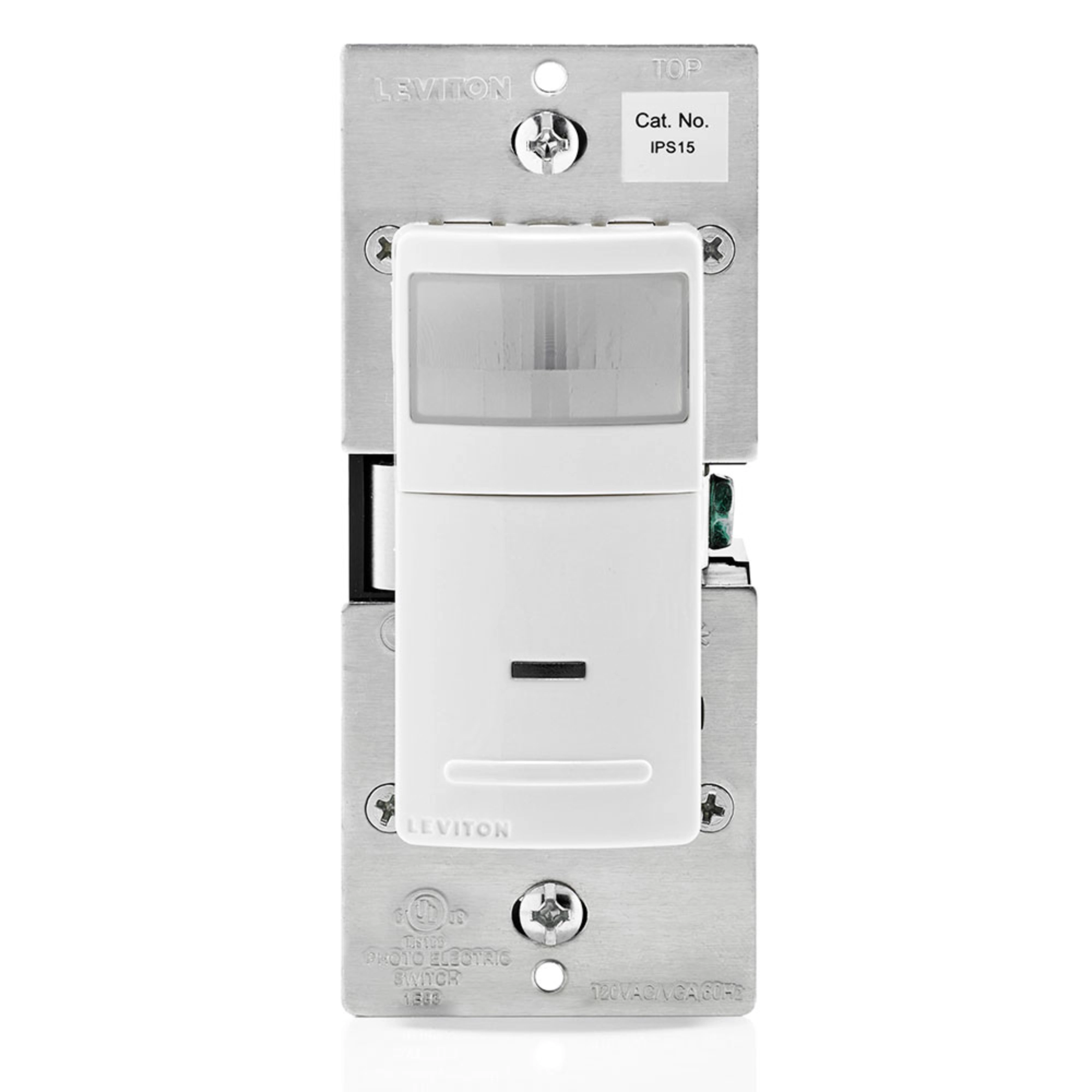 Interruptor con sensor de movimiento Leviton IPS15-1LZ color blanco, para caja de pared, detección PIR 180 grados, 120V 15A