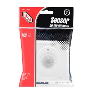 Motion sensor package with red and black design, showing the words 'Sensor de movimiento' on the front