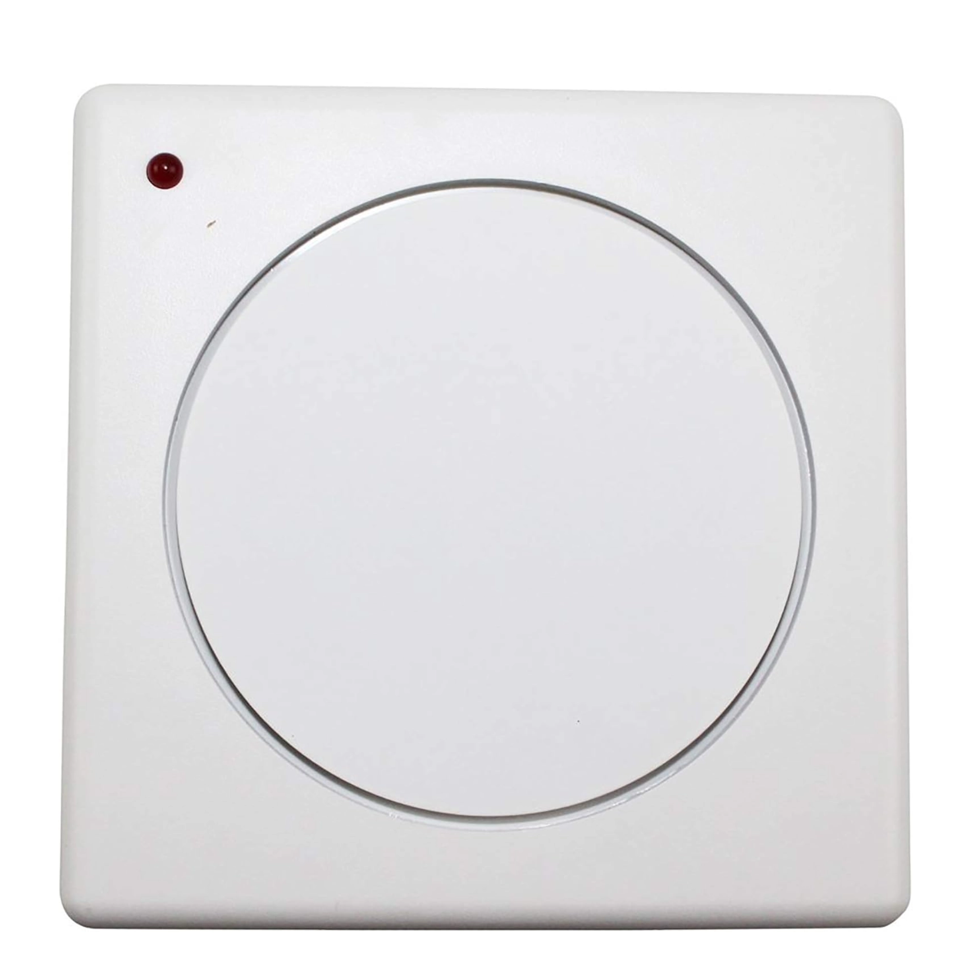 Close-up of a white rectangular device with a large circular dial and a small red indicator light in the top-left corner.