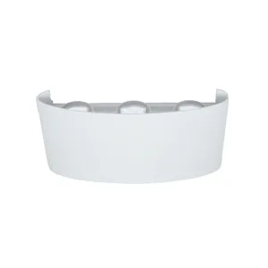 Bottom half of a white curved plastic object with six circular indents along the top edge, viewed from below.