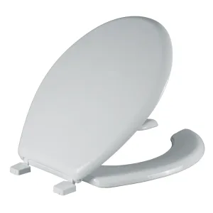 Asiento para WC redondo frente abierto con tapa color blanco Bemis modelo 55AR, bisagra fija Top-Tite, tornillos Hex-Tite resistentes a la corrosión, fabricado en México