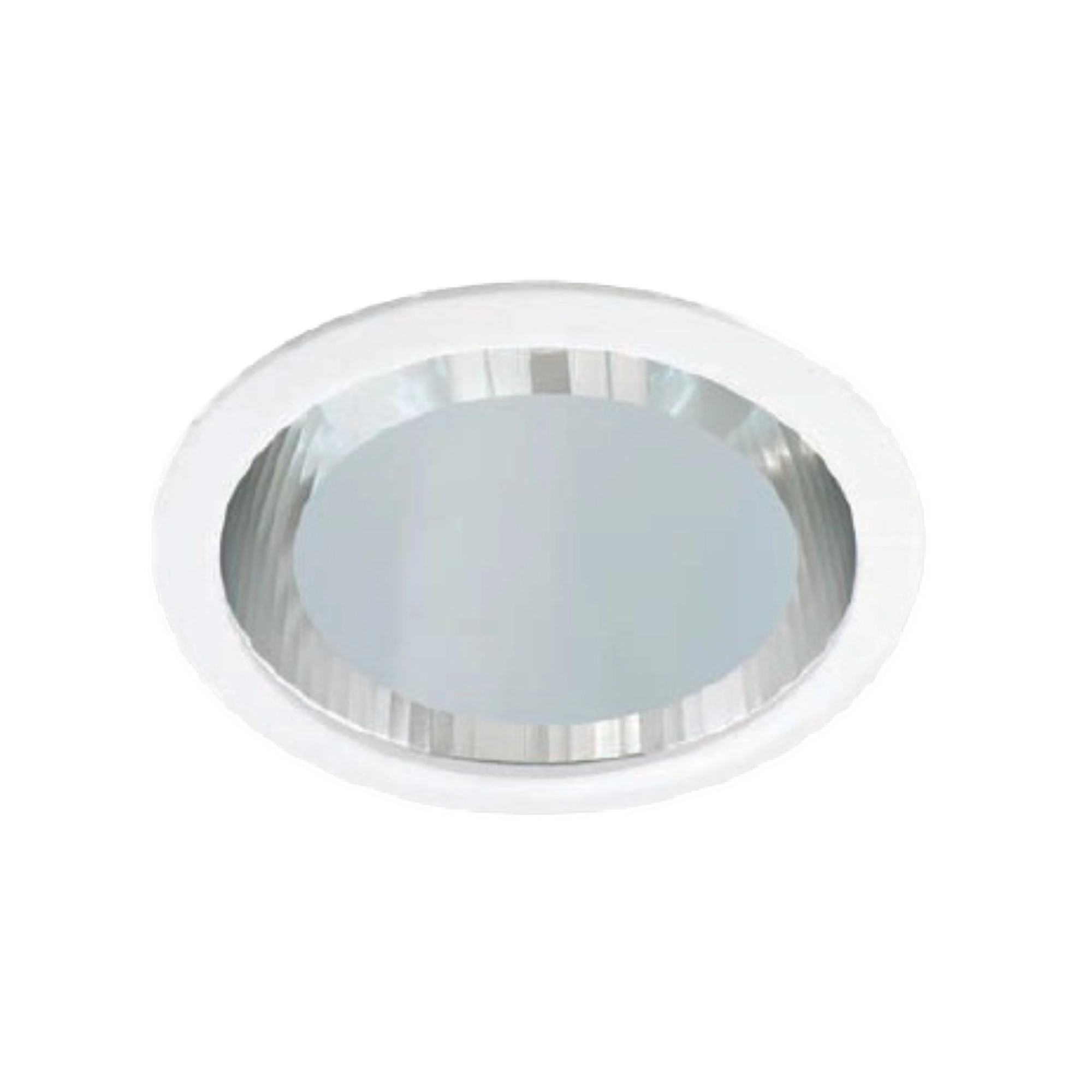 Close-up of a round white ceiling light fixture with a glass dome interior.