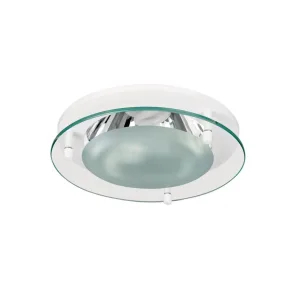 Close-up of a modern circular ceiling light with a glass ring and chrome interior