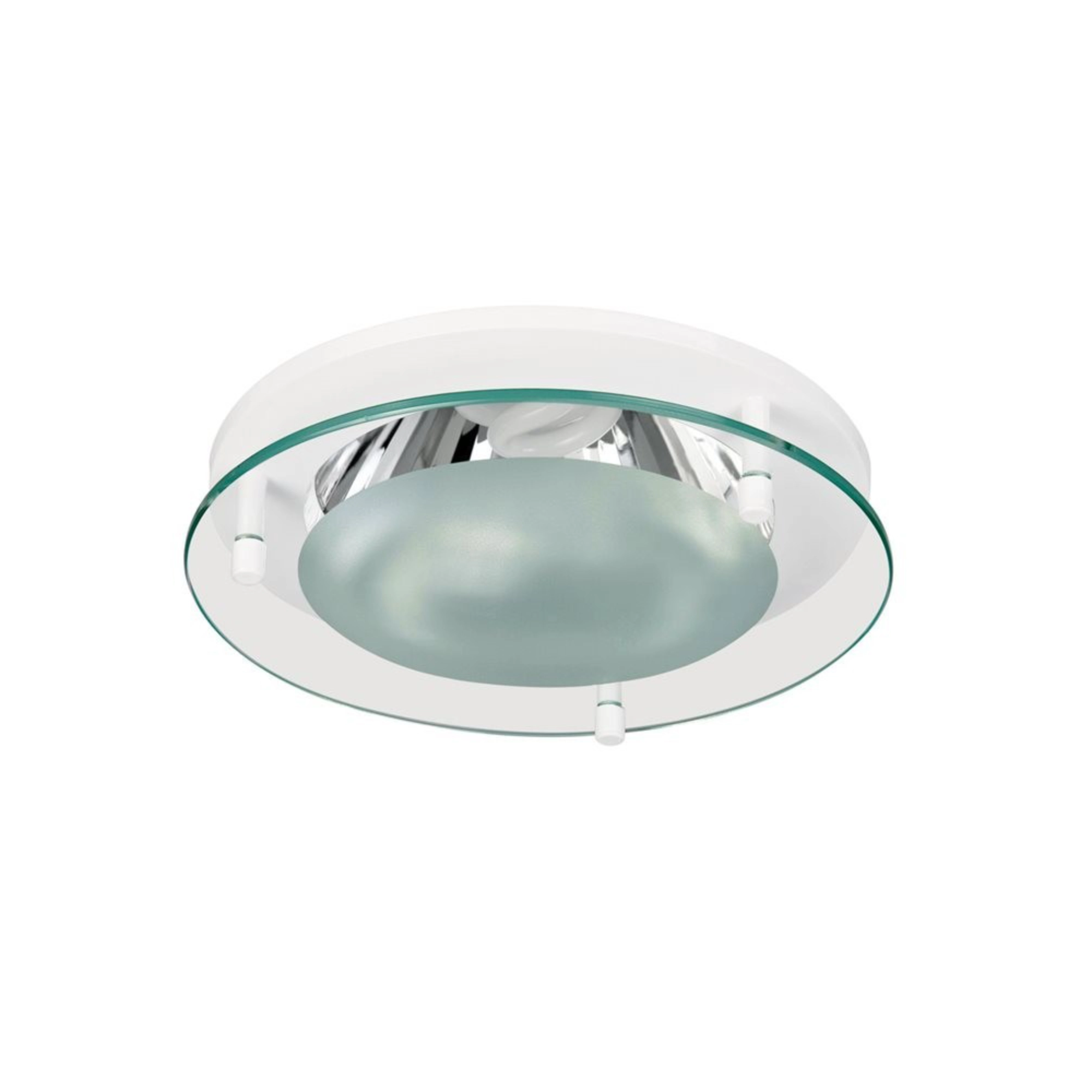 Close-up of a modern circular ceiling light with a glass ring and chrome interior