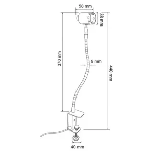 Technical diagram of a stand-mounted adjustable device with a curved neck and a circular head, dimensioned to 370 mm tall and 440 mm overall height.