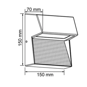 Isometric diagram of a rectangular box with an open lid, showing dimensions: 150 mm wide and 150 mm tall, with a 70 mm top segment noted.