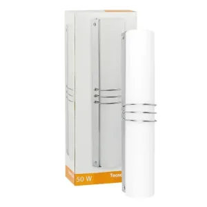 White cylindrical component beside a white box with orange 50 W labeling, suggesting a lighting part or industrial fixture.
