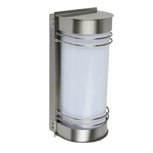 Stainless steel cylindrical wall-mounted light fixture with a metal mounting plate and circular bands around the shade.