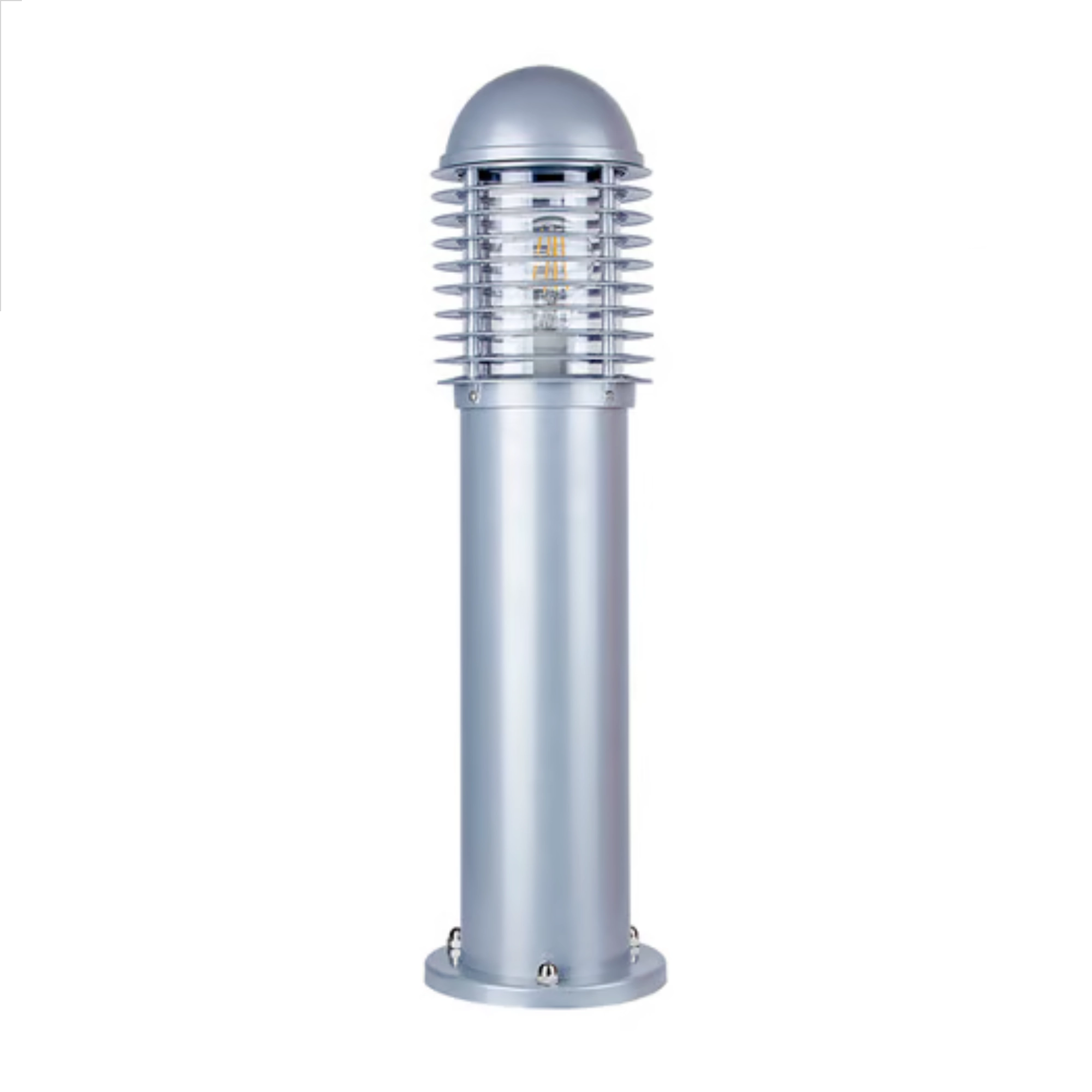Tall silver outdoor street lamp with a dome top and stacked metal rings around the glass enclosure