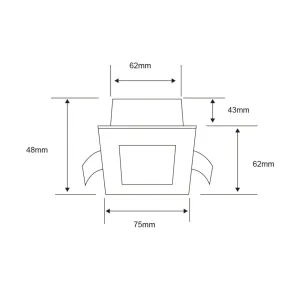 Engineering line drawing of a tapered cup with side handles, showing dimension arrows and measurements (e.g., overall width 75 mm, vertical dimensions 48 mm on the left and 62 mm on the right).