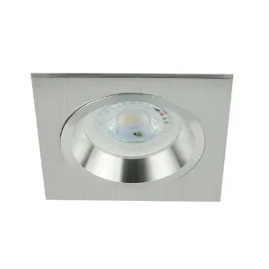 Close-up of a recessed ceiling light fixture with a round LED downlight in a brushed metal square housing.