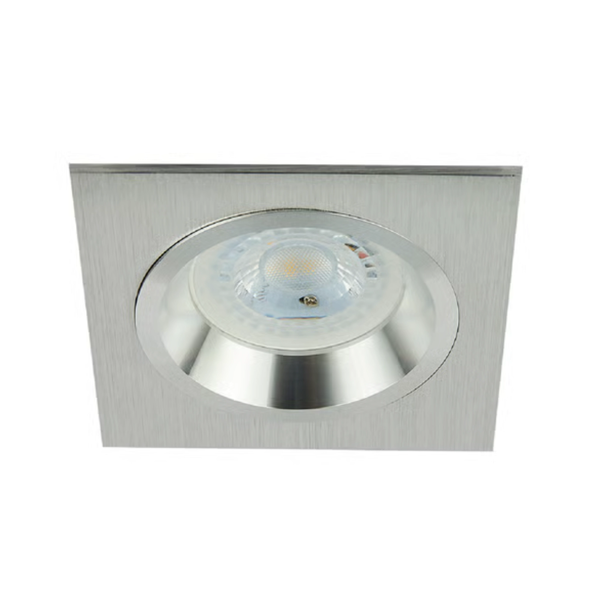 Close-up of a recessed ceiling light fixture with a round LED downlight in a brushed metal square housing.