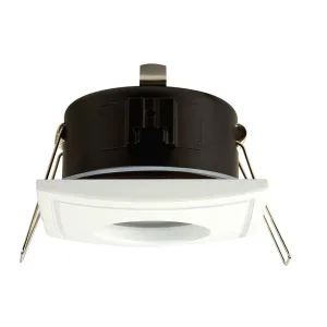 Ceiling-mounted pendant light with a black cylindrical housing and a white curved shade.