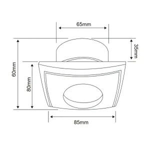 Technical line drawing of a curved container (cup) with dimension arrows showing overall width 85 mm and various heights/widths (65 mm) across the top.