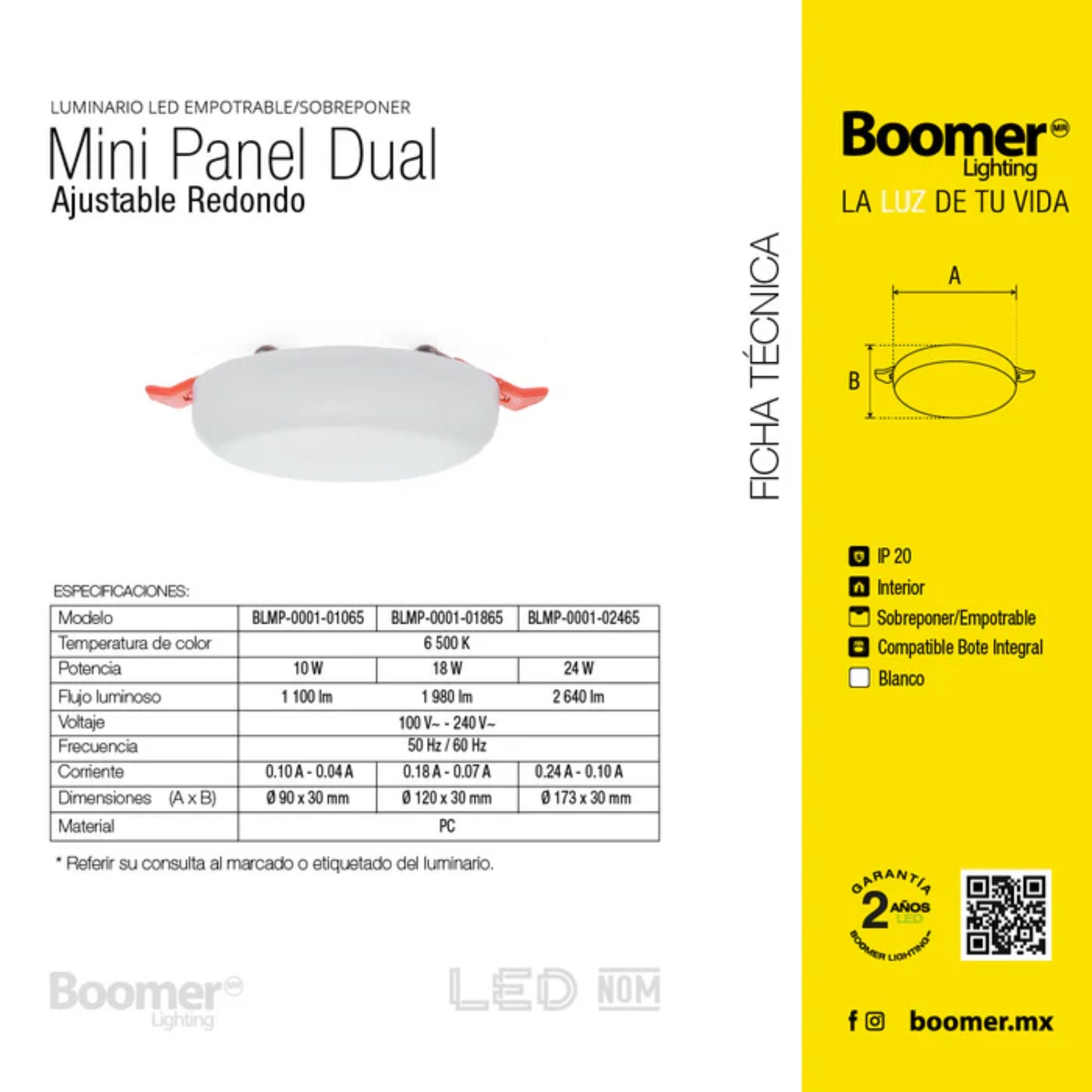 Spot empotrable LED ajustable 18 W DUAL AJUSTABLE – Boomer onofre Product datasheet for Boomer Lighting Mini Panel Dual Adjustable Round, showing specs table and yellow branding panel on the right.