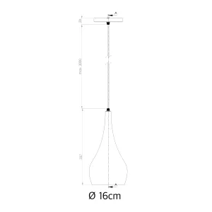 Technical drawing of a bulb on a vertical stand with a 16 cm diameter bulb.