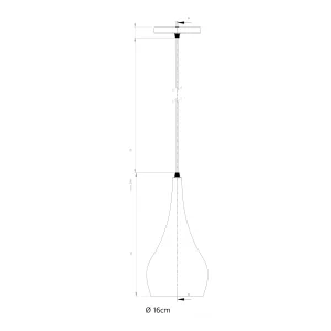 Technical drawing of a lamp with a 16 cm diameter bulb, showing dimensions and a hanging fixture.