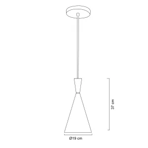 Line drawing of a floor lamp with a circular shade on a tall stand and a conical base; base diameter Ø19 cm, total height 37 cm.