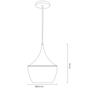 Line drawing of a tall floor lamp with a curved base, slender vertical stem, and a circular lampshade on top; dimensions show a base diameter of 24.4 cm and overall height around 31 cm.