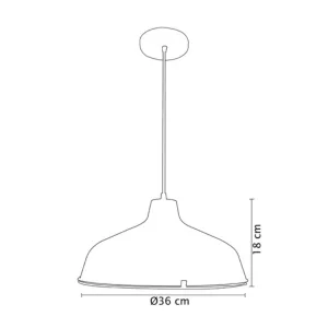 Line drawing of a pendant ceiling lamp with a wide, bowl-shaped shade suspended by a tall rod; shade diameter 36 cm.