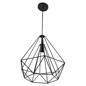 Black geometric wire pendant light suspended from the ceiling, featuring a cube-like wireframe frame and multiple cables.