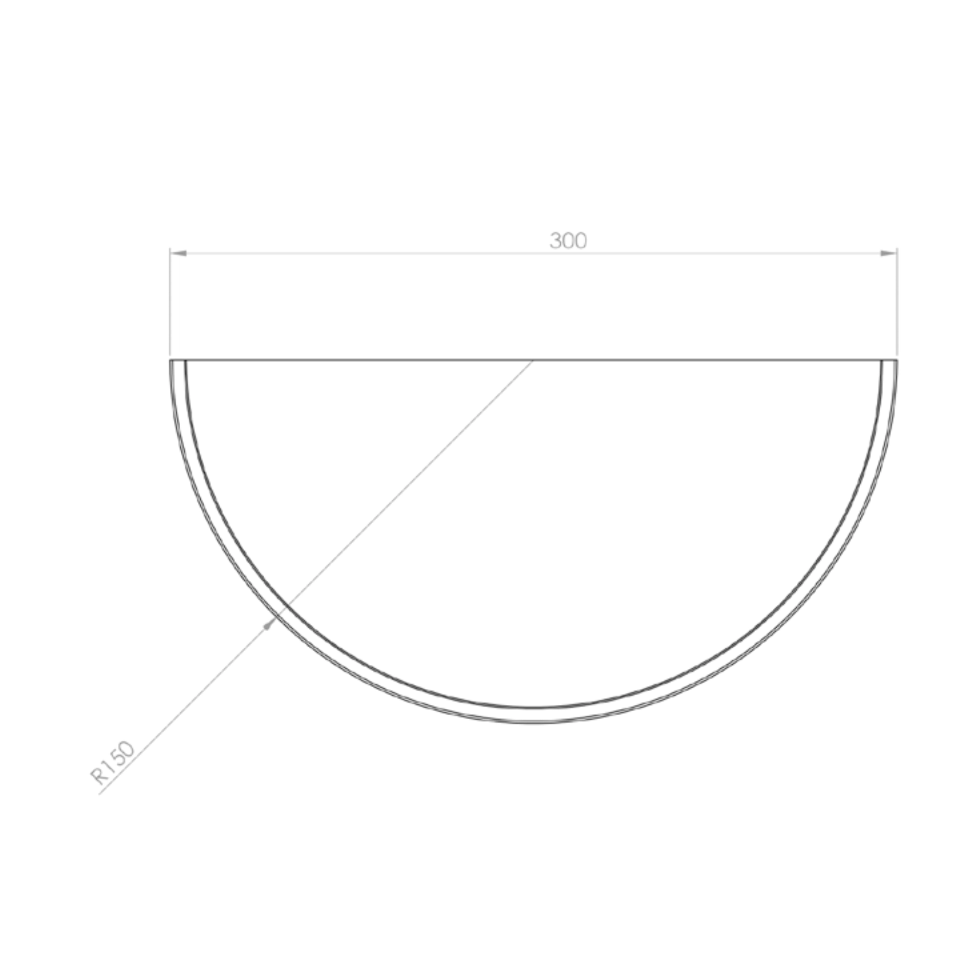 Luminario de pared arbotante para interior – Alabastro – Maxxi ferreteria onofre Technical drawing: bottom-left to top-right diagonal, a large circular arc with a top dimension line reading 300 and a radius label R150 nearby.