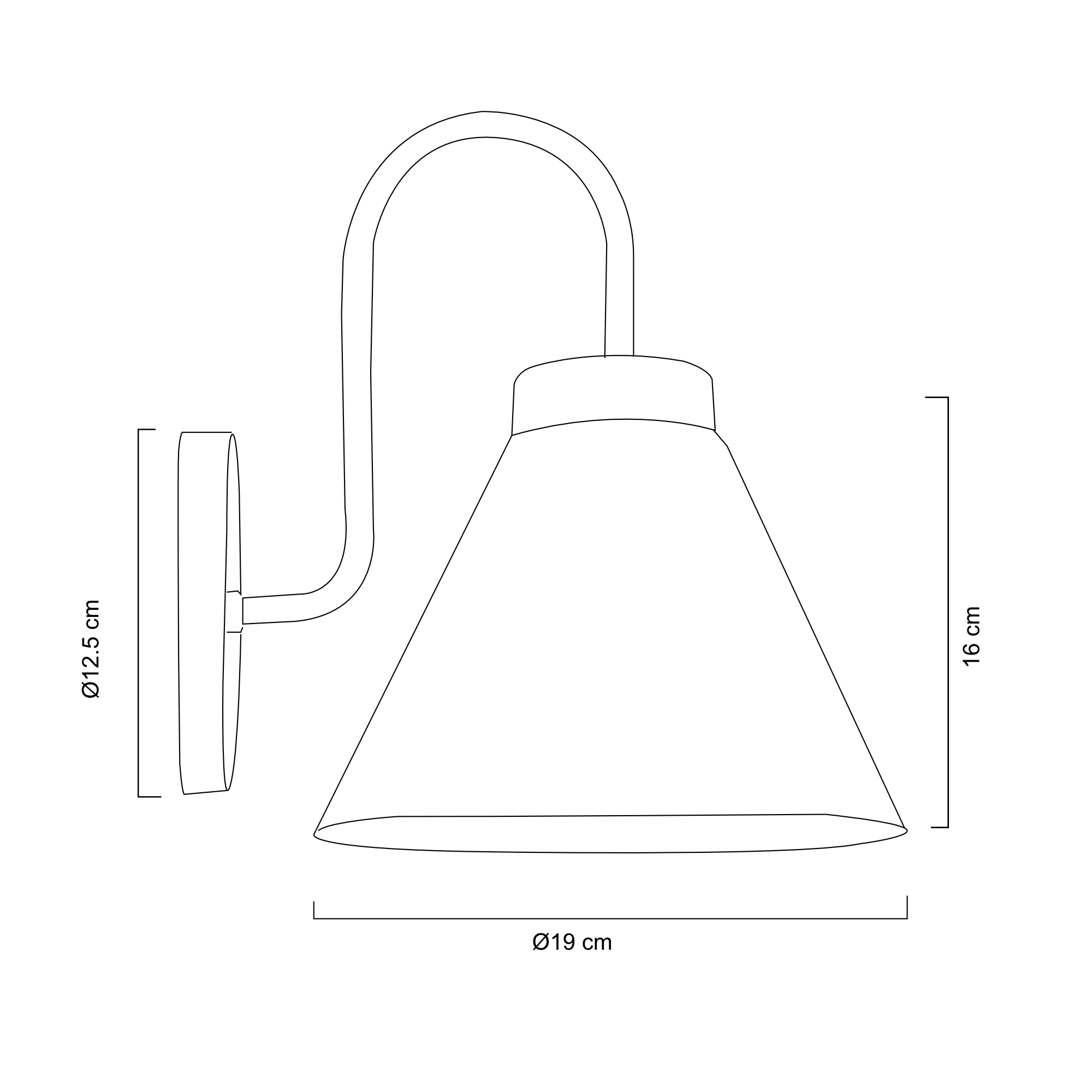 Luminario de pared arbotante para interior Ø 19 cm, 23.5 x 27 cm – Negro : cromo degradado – Maxxi ferretería onofre Line drawing of a teapot with a curved handle and spout, with dimension annotations showing diameters of 12.5 cm, 16 cm, and 19 cm.