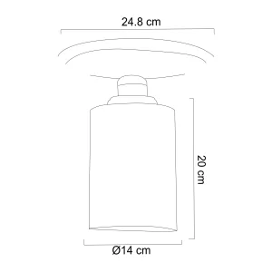 Technical line drawing of a tall cylindrical bottle with a rounded base, narrow neck and cap, with dimensions showing a 14 cm diameter and a height around 20 cm.