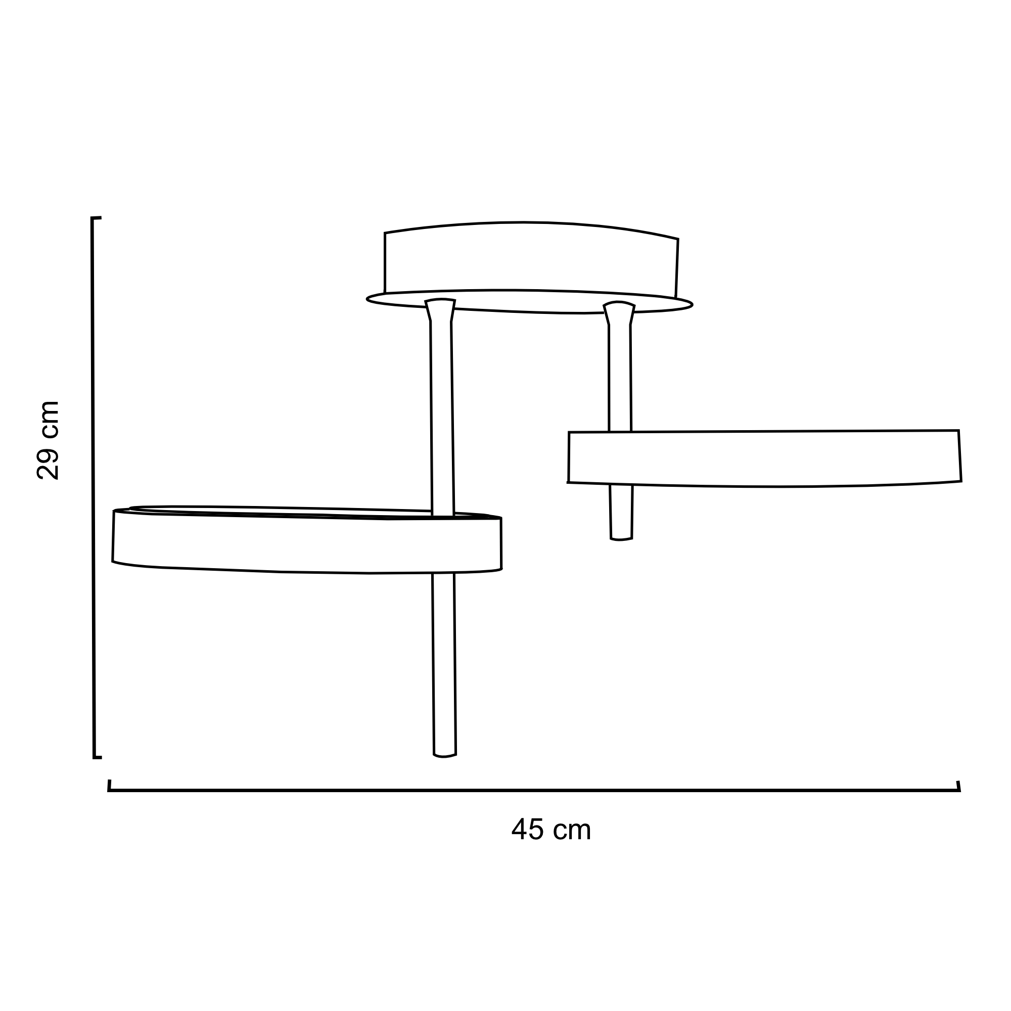 Luminario de techo plafón para interior Ø 42 cm – Café con detalles dorados – Maxxi ferreteria onofre Line drawing of a stool with round seat and tall legs, with a 29 cm height and 45 cm width measurement.