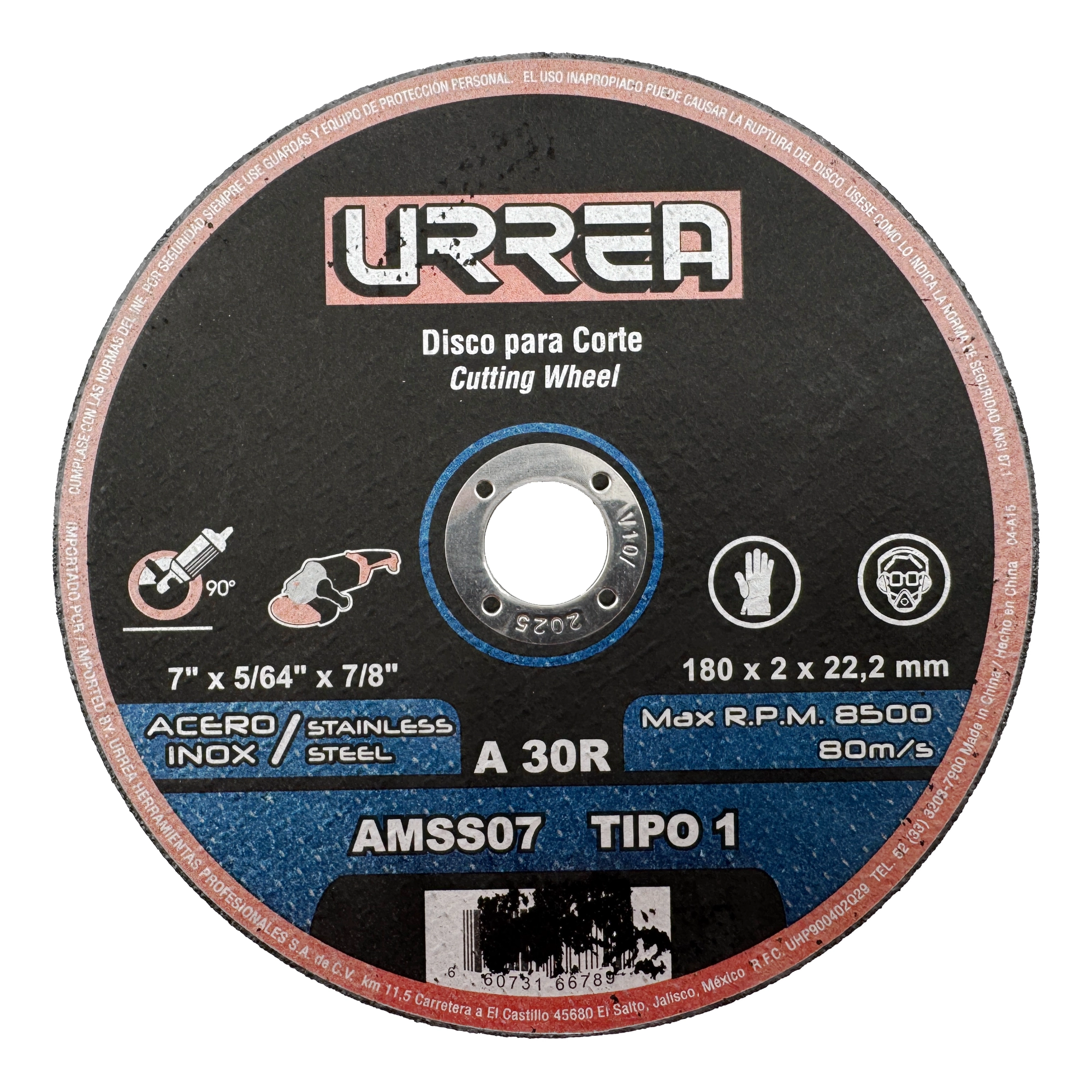 Disco abrasivo tipo 1 para corte de acero inoxidable 7" x 5/64" x 7/8" Urrea AMSS07 Ferretería Onofre Disco abrasivo tipo 1 Urrea AMSS07 de 7 pulgadas x 5/64 para corte de acero inoxidable