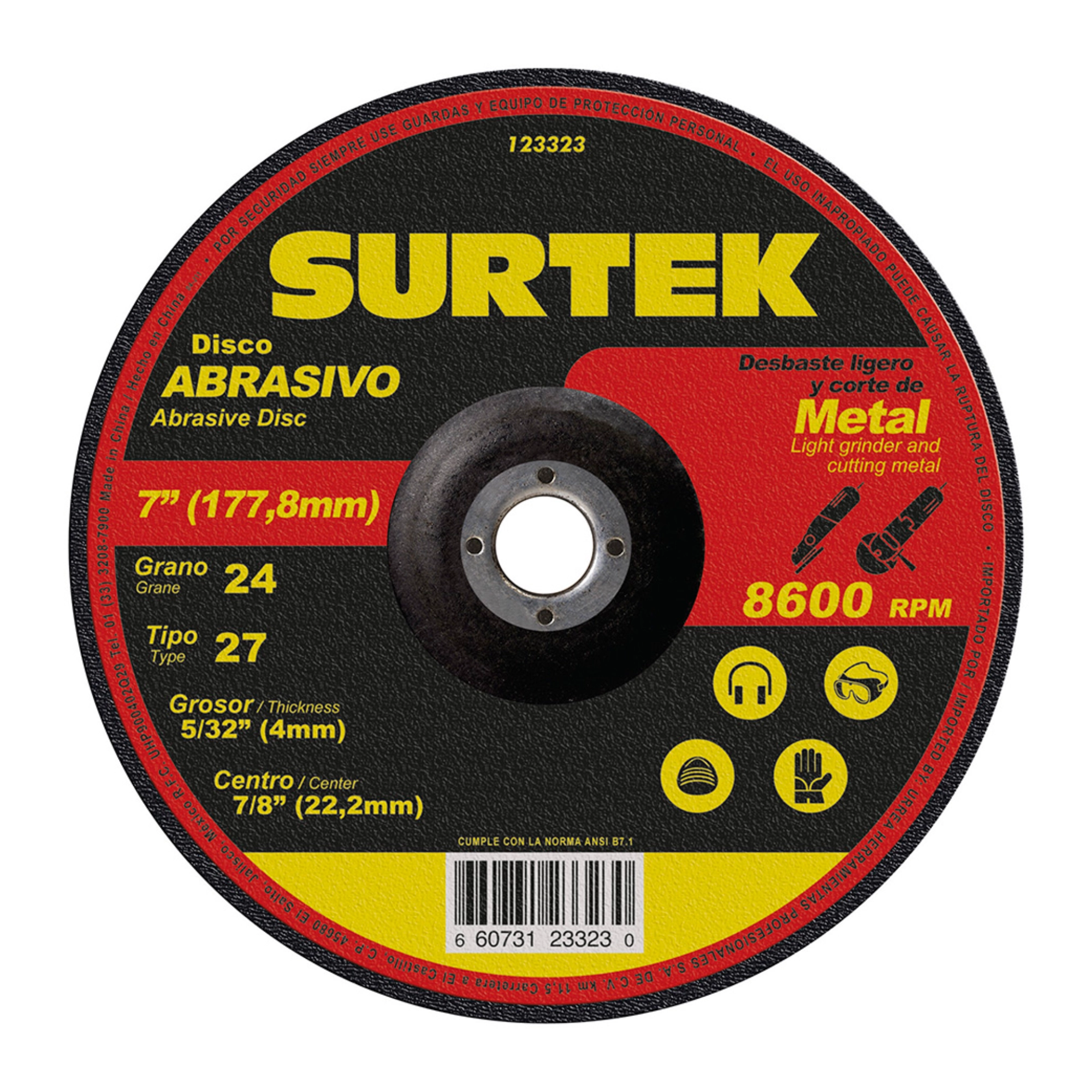 Disco abrasivo tipo 27 para desbaste de metal 7" x 5/32" Surtek 123323 Ferretería Onofre Disco abrasivo tipo 27 Surtek 123323 de 7" x 5/32" para desbaste de metal