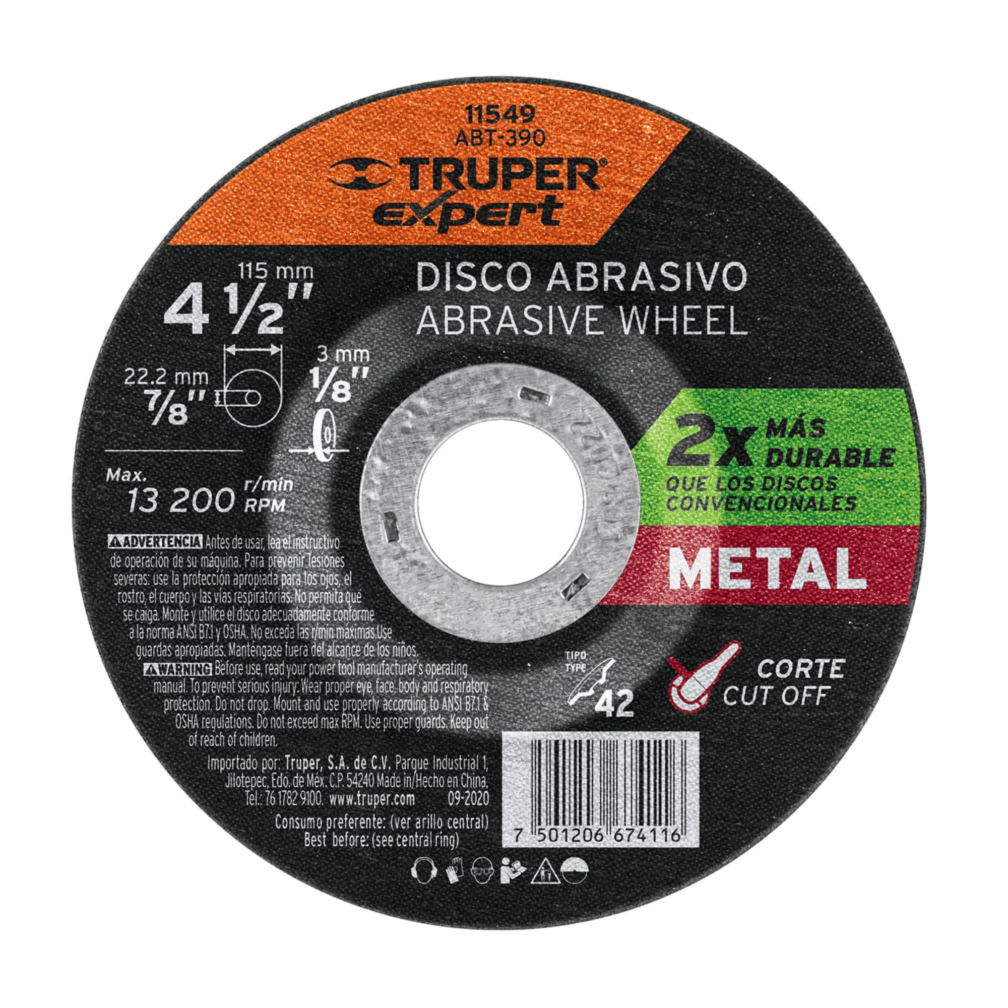 Disco de corte para metal Tipo 42 Truper Expert 4-1/2" x 1/8" — ABT-390 Ferretería Onofre Disco de corte para metal Truper Expert ABT-390 de 4-1/2 pulgadas Tipo 42