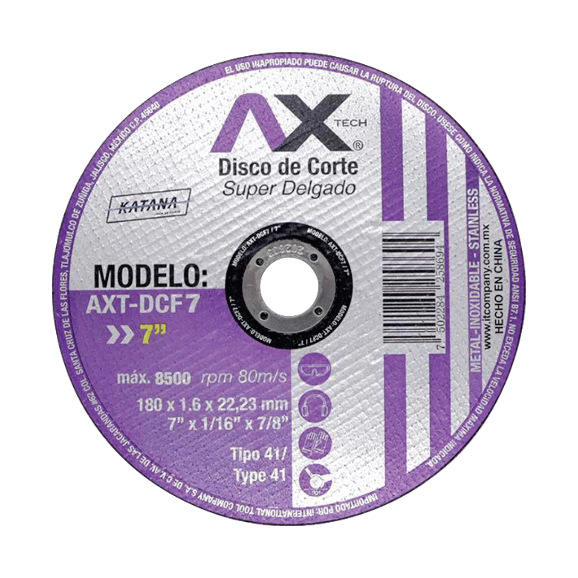 Disco de corte súper delgado 7" x 1.6 mm x 7/8" AX-Tech AXT-DCF7, Tipo 41 para metal e inoxidable Ferretería Onofre Disco de corte súper delgado AX-Tech AXT-DCF7 de 7 pulgadas por 1.6 mm con barreno de 7/8"