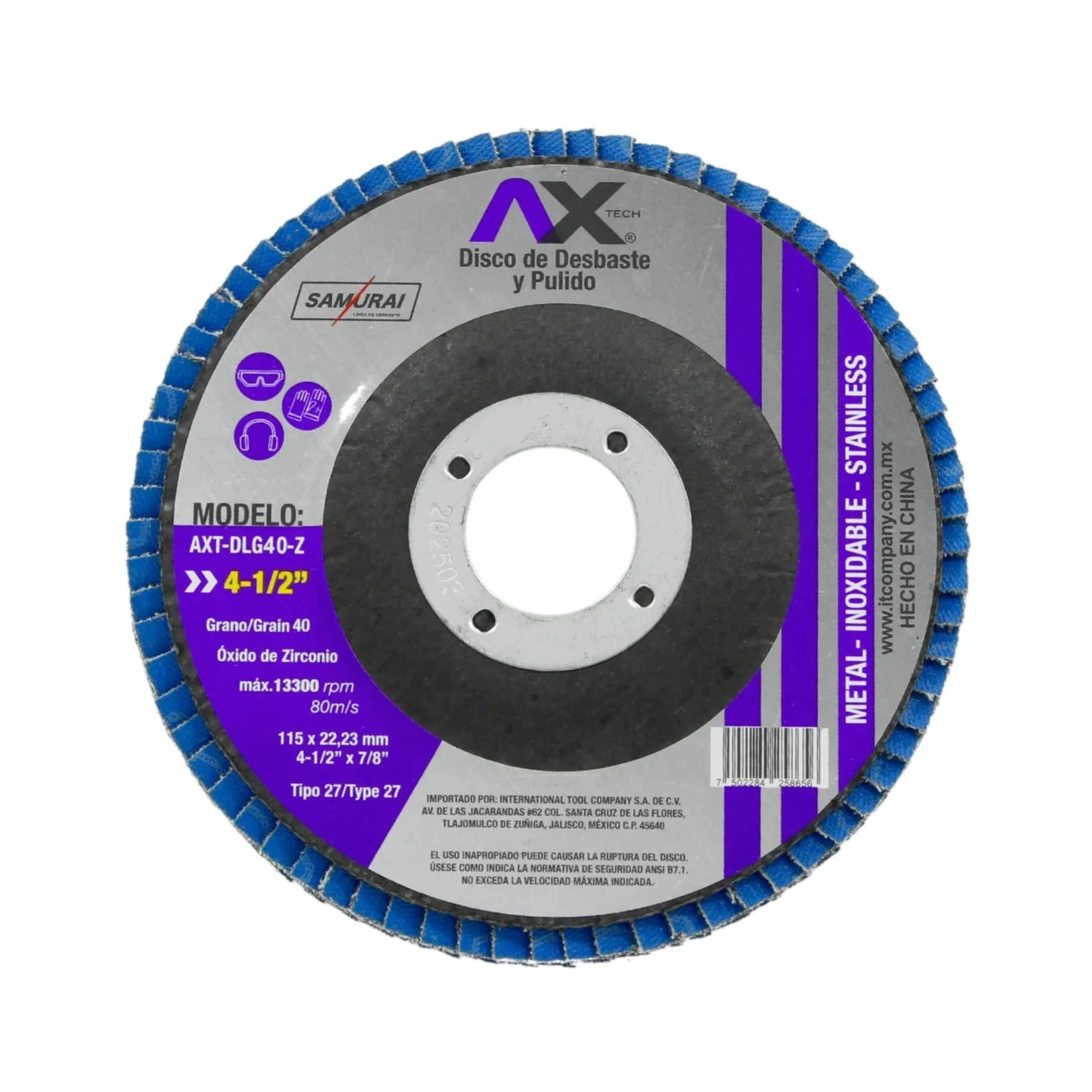 Disco laminado de desbaste y pulido AX TECH AXT-DLG40-Z de 4 1/2 pulgadas grano 40 de óxido de zirconio
